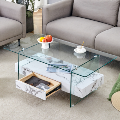43.3 Inch Modern Two-Tier Coffee Table - Clear Tempered Glass And Black Marble Texture, Multifunctional Storage Design.The Bottom Tier Includes A