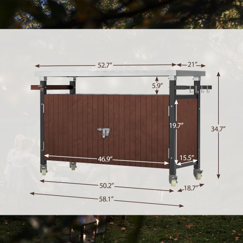 Outdoor Grill Cart With Stainless Steel Tabletop, Storage, Patio Kitchen Island With Wheels, Hooks, And Spice Rack, Waterproof Outdoor Grill Tabl