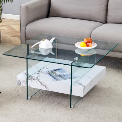 31.4 Inch Modern Two Tier Square Coffee Table - An Elegant Combination Of Clear Glass And Black Marble Pattern Sticker.It Can Be Used As A Coffee